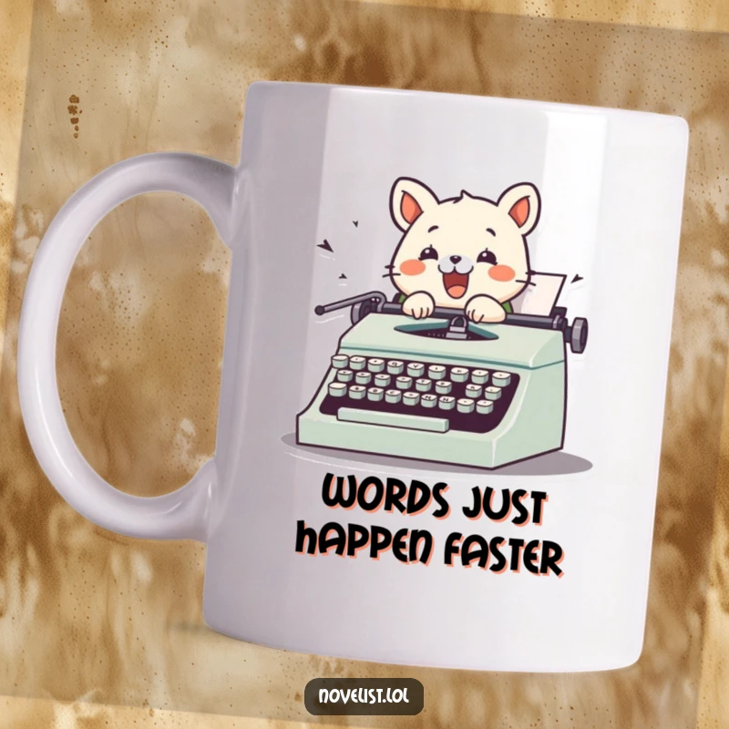 Funny mug showing a cute animal character wildly typing on a retro typewriter, keys flying everywhere in a humorous creative frenzy.