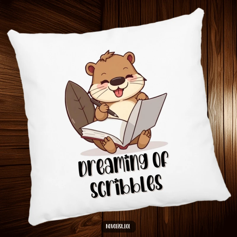 Funny Beaver Pillow: A busy beaver character scribbling with a quill pen in a large book, offering comfort and humor.