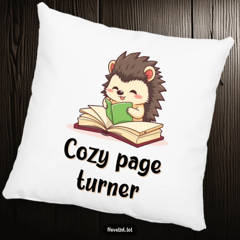 Funny pillow showing a small hedgehog character excitedly and precisely organizing book pages, symbolizing neatness and comfort.