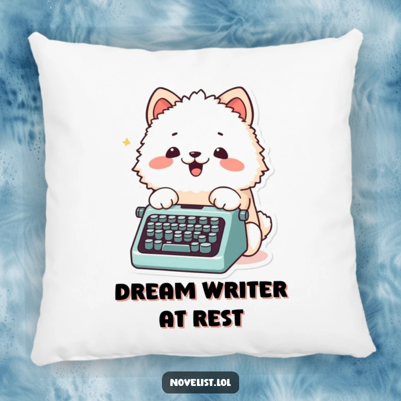 Funny Pillow with a fluffy animal character excitedly typing on a tiny typewriter with its paws, offering cuddly creativity.