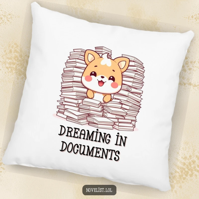 Funny Pillow with a happy animal character surrounded by overflowing stacks of paper, looking pleased and cozy.