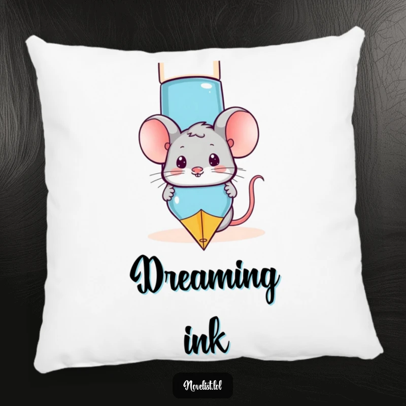 Funny mouse peeking playfully from behind a giant fountain pen, a soft and humorous decorative pillow.