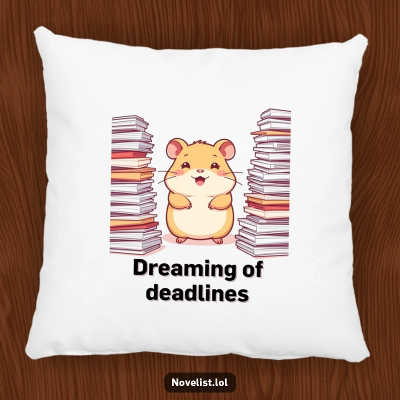 Funny Hamster Pillow: A happy hamster surrounded by stacks of paper, looking inspired, offering cozy creative vibes.