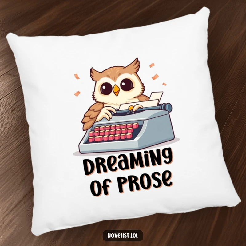 Funny pillow featuring a wise owl enthusiastically typing on a typewriter with flying keys, a cozy funny gift.