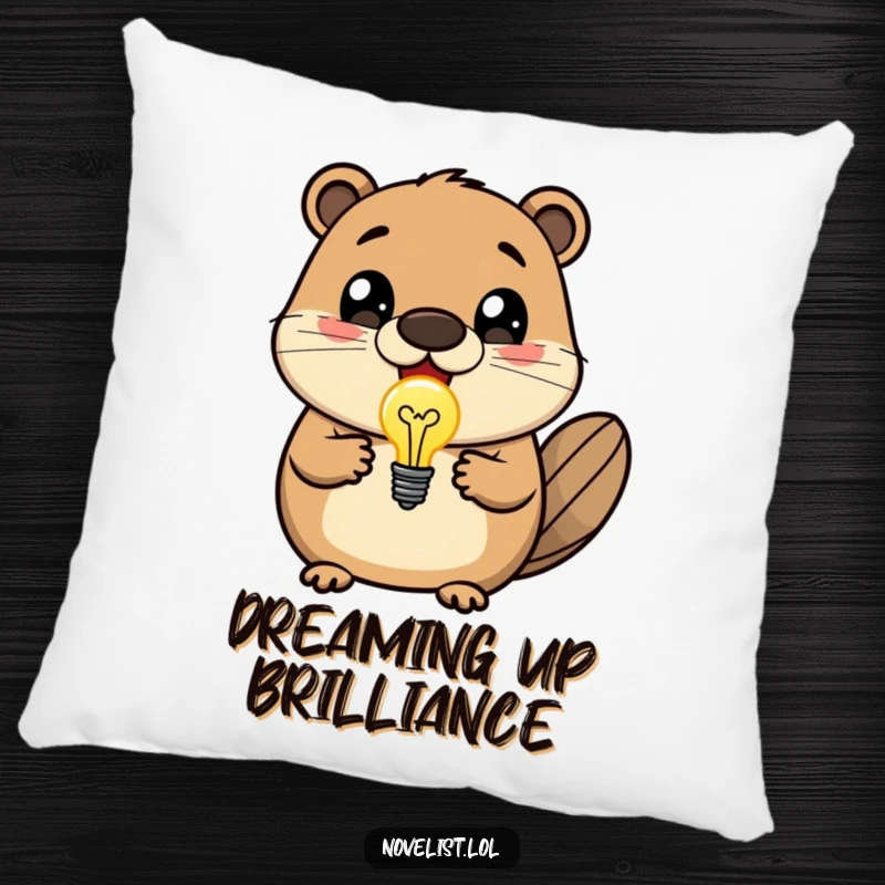 Funny pillow featuring a delighted beaver with wide eyes, showcasing a bright lightbulb idea, perfect for cozy creative spaces.