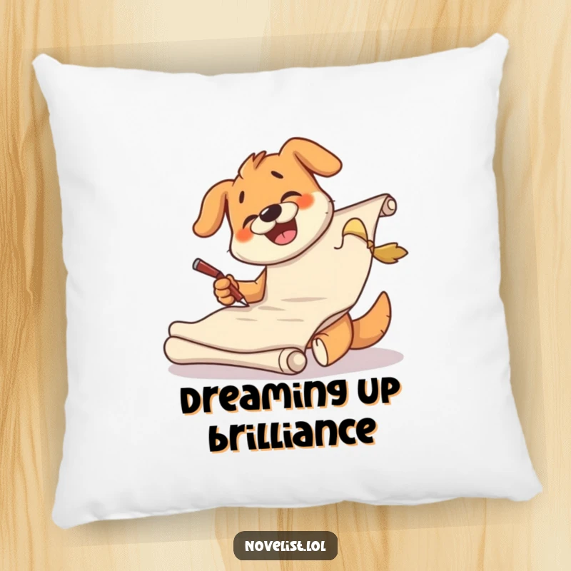 Funny dog pillow depicting a giggling character furiously scribbling on a large scroll, adding artistic humor to decor.