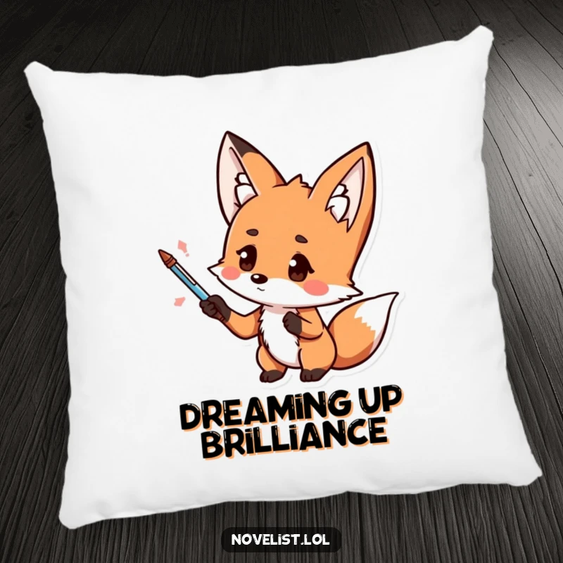 Funny decorative pillow, kawaii fox holding a pen, dramatic gesture, thoughtful look, comfortable and humorous home accent for funny gift buyers.