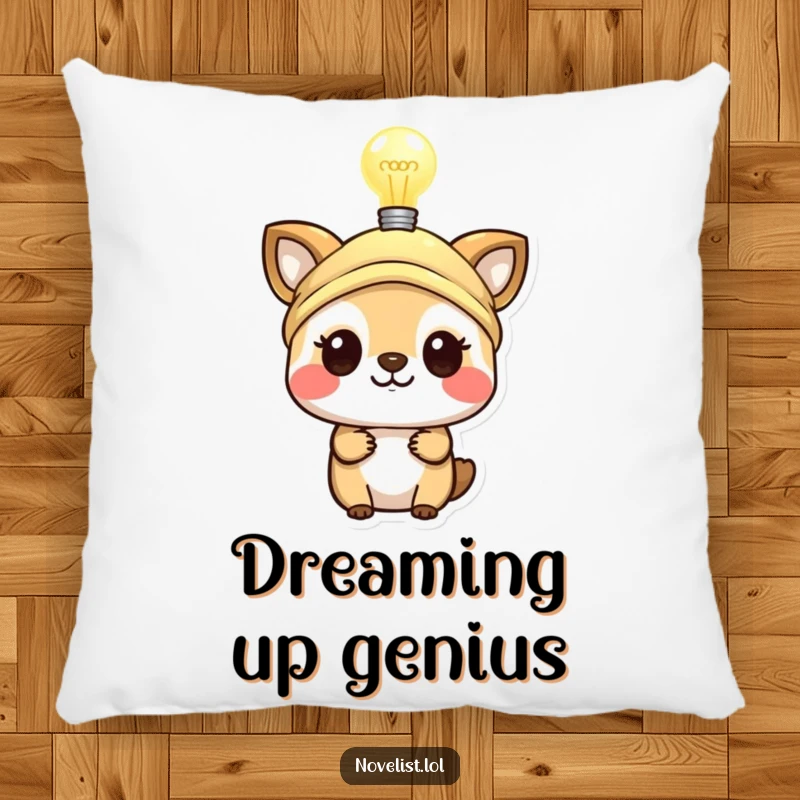 Funny pillow featuring a small animal in a thinking cap with a glowing lightbulb, offering comfort and a touch of wit.