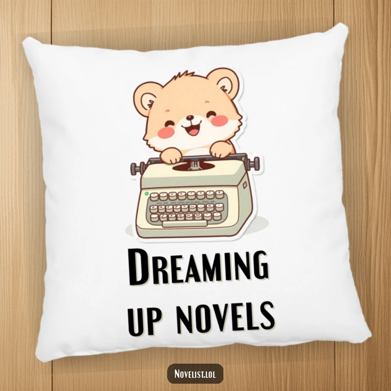 Funny pillow featuring a content fuzzy animal character happily typing on a vintage typewriter, perfect for a writer's den.