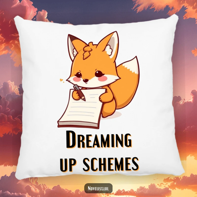 Funny determined fox character writing in a notebook on a plush pillow, offering comfort and creative humor.