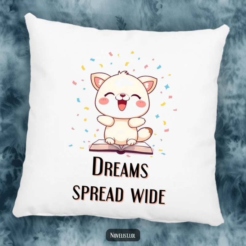 Funny pillow with a delighted animal character scattering book pages like confetti, providing comfort and a humorous literary touch.