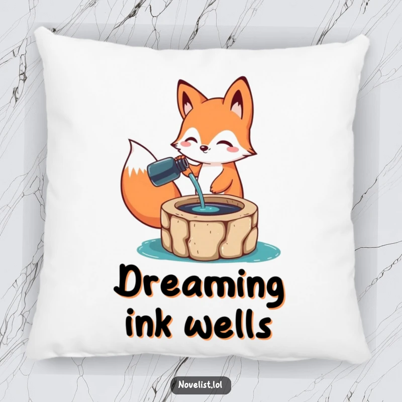 Funny Pillow: Features a happy fox character pouring ink from a bottle into a well, designed for comfort and delivering a humorous, artistic charm.