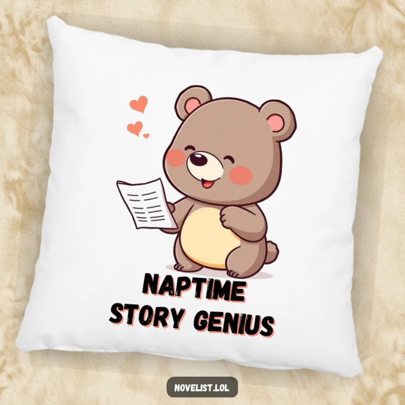 Funny pillow featuring a playful bear in the middle of dramatically dictating a story, offering comedic comfort and literary inspiration.