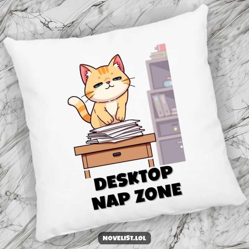 Funny decorative pillow, determined cat jumping onto desk, papers, office humor, comfortable and hilarious home accent for funny gift buyers.