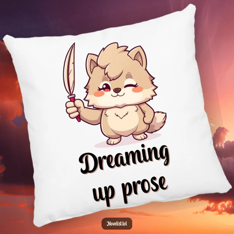 Funny pillow featuring a confident furry character with a quill pen, perfect for adding literary comfort and wit to any room.