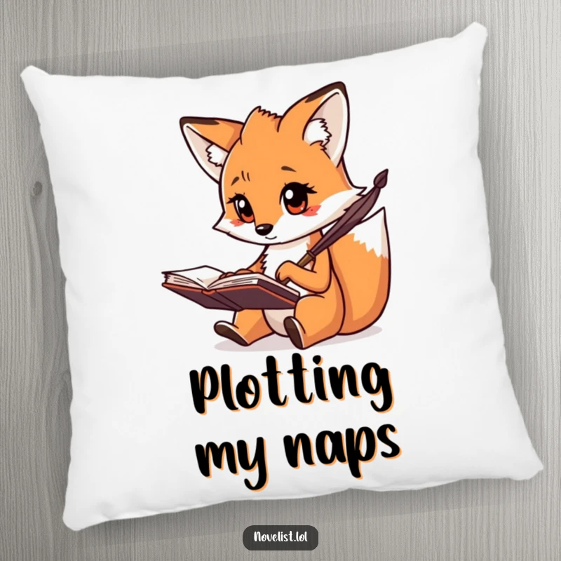 Funny pillow featuring a creative fox with a focused gaze, scribbling notes with a quill, a comforting funny gift.