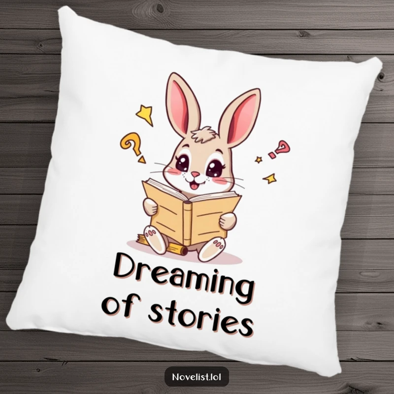 Funny pillow featuring a curious rabbit with sparkling eyes reading a giant manuscript, a comforting funny gift.