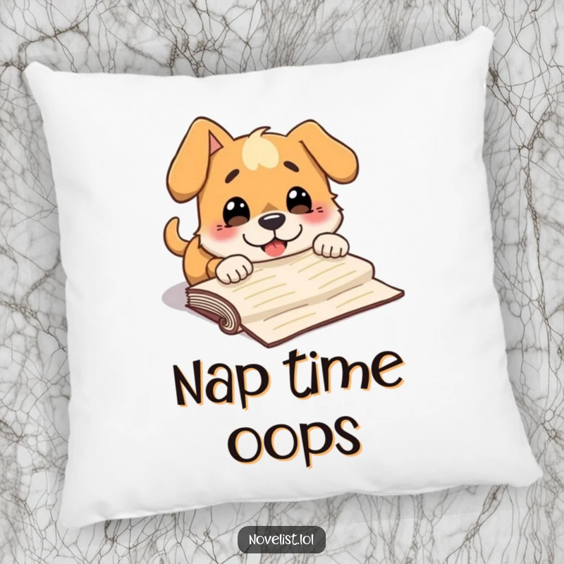 Funny pillow showing a dog character comically tripping over a manuscript, wearing a surprised and goofy expression.