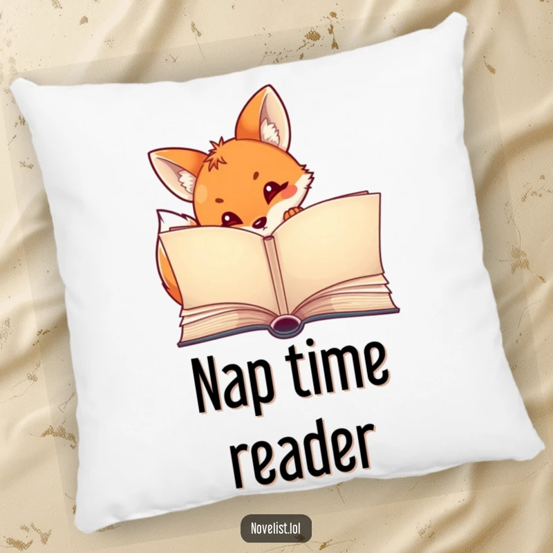 Funny pillow featuring a curious fox peeking from an open storybook, ideal for adding a touch of whimsy to any room.