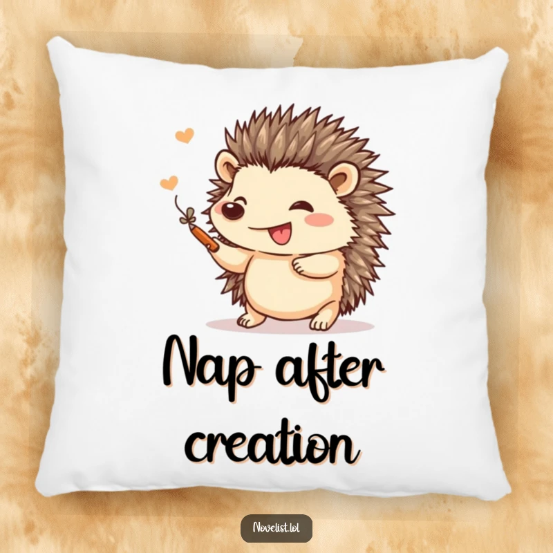 Funny pillow featuring a small hedgehog gleefully adding a flourish to a drawing, perfect for adding artistic charm and comfort.