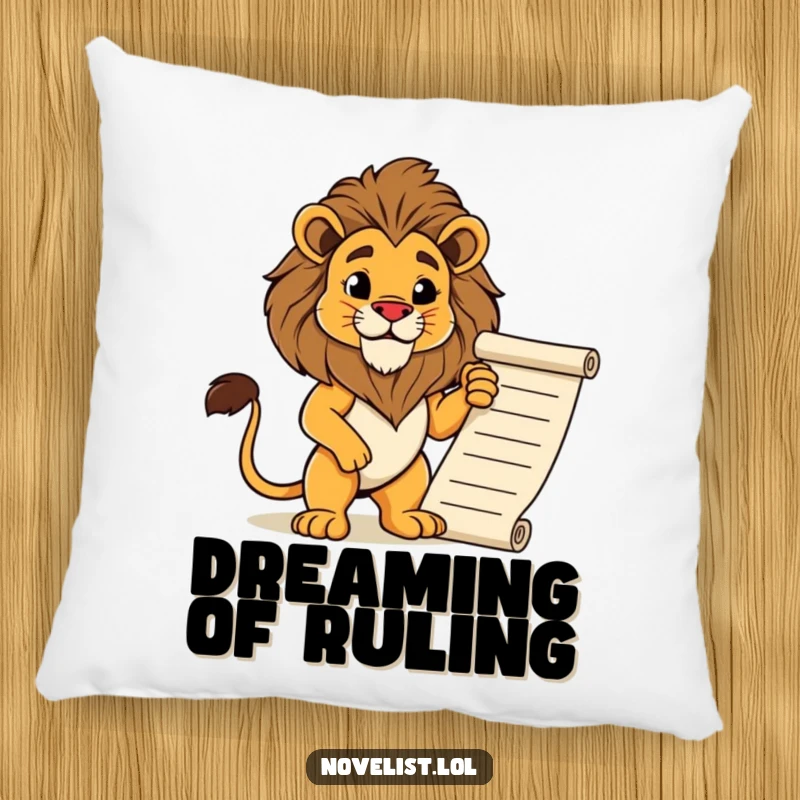 Funny pillow with a proud lion striking a regal pose next to a manuscript. Soft, humorous, and perfect for adding a touch of royalty.
