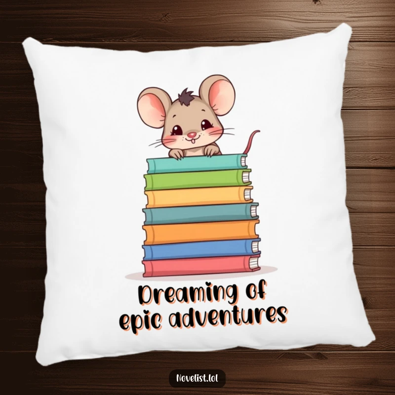 Funny pillow with a mischievous mouse peeking over a stack of books, perfect for adding a humorous and cozy touch to any seating area.