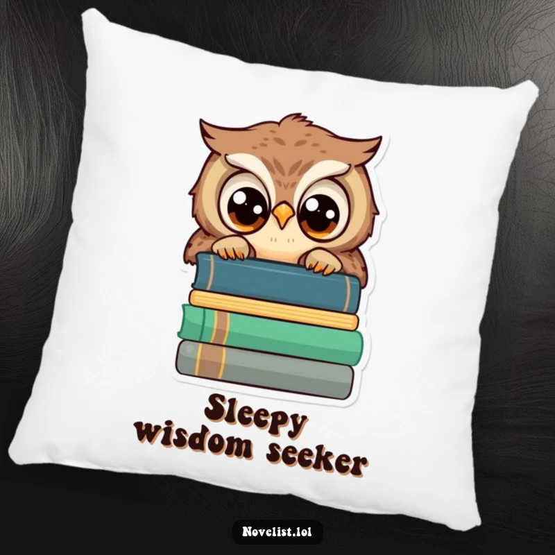 Funny decorative pillow, wise owl peeking over books, wide eyes, cozy and intellectual home accent for funny gift buyers.