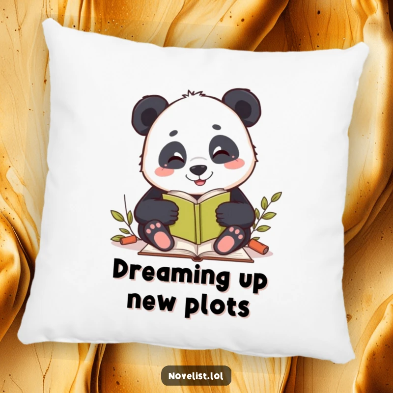 Funny pillow adorned with a contented panda writing a story, offering comfort and a touch of literary humor to any room.