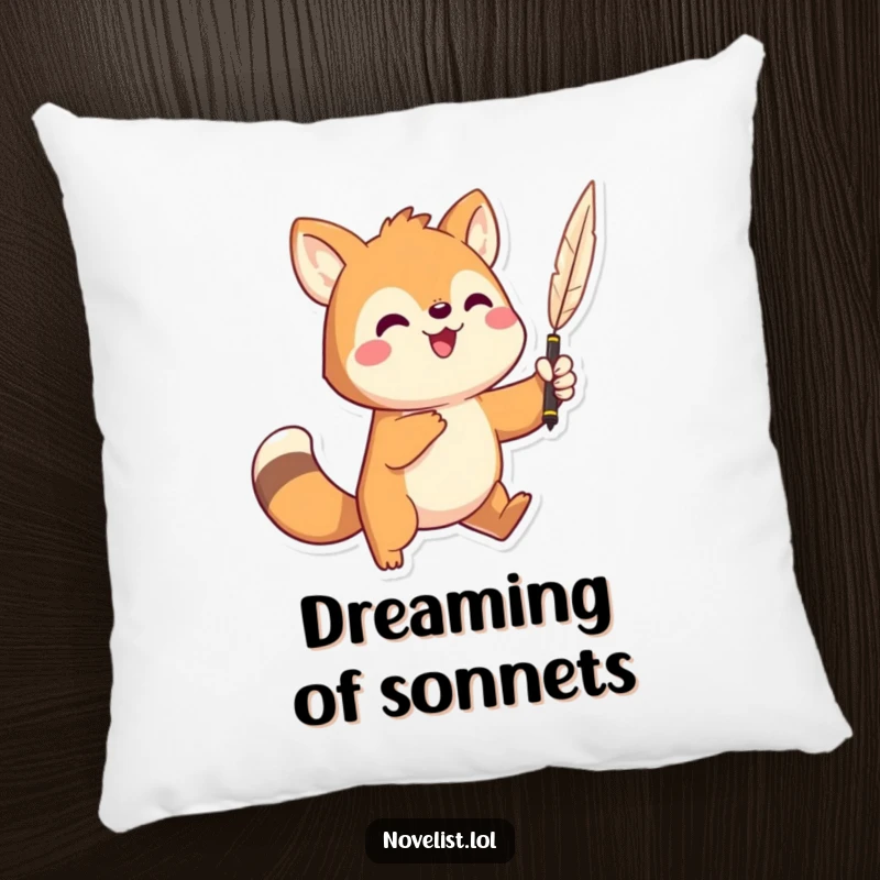 Funny pillow featuring a dramatic animal character holding a quill pen high, perfect for a writer's cozy nook.