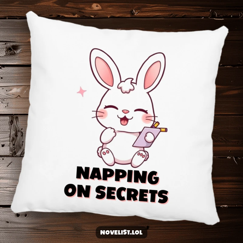 Funny decorative pillow, winking rabbit scribbling notes, playful smirk, comfortable and humorous home accent for funny gift buyers.