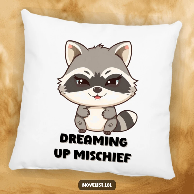 Funny pillow with a witty raccoon character typing a secret story with a mischievous wink, providing comfort and creative inspiration.