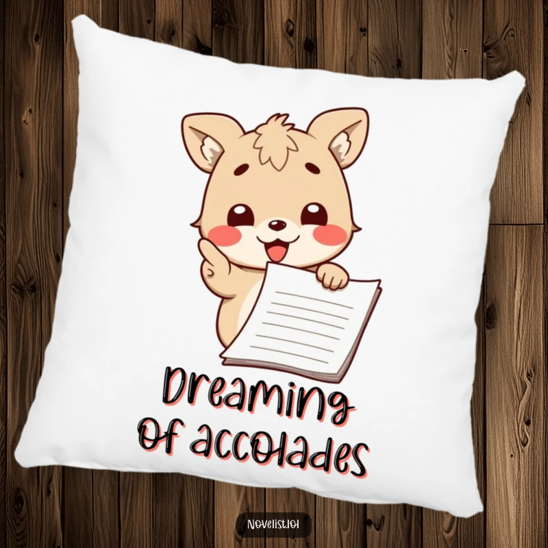 Funny pillow featuring a cute animal character passionately pointing at a manuscript with a smile, perfect for a study nook.