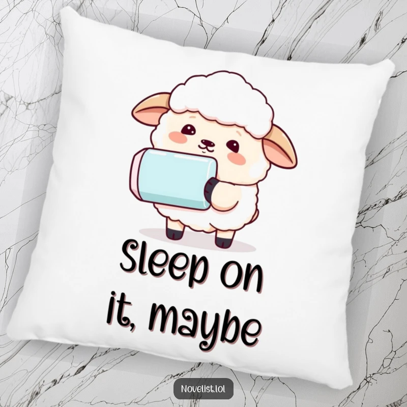 Funny pillow featuring a sheep with a comically large eraser, humorously erasing a sentence, perfect for adding cozy humor.