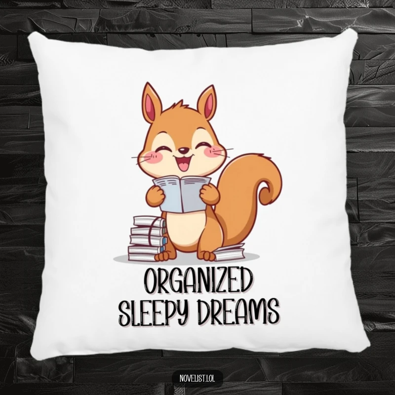 Funny Pillow: Soft comfort featuring a diligent squirrel organizing papers, ideal for adding humor and order to any room, a great funny gift.