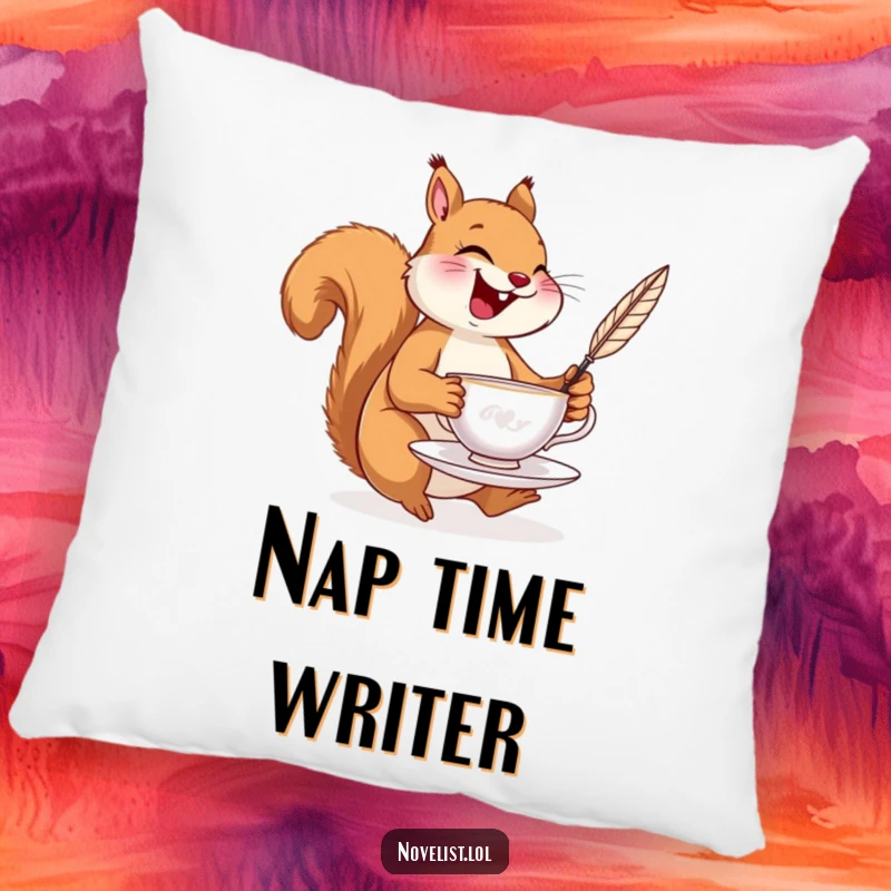 Funny decorative pillow with a laughing squirrel balancing a teacup and a quill pen, ideal for adding humor and comfort.