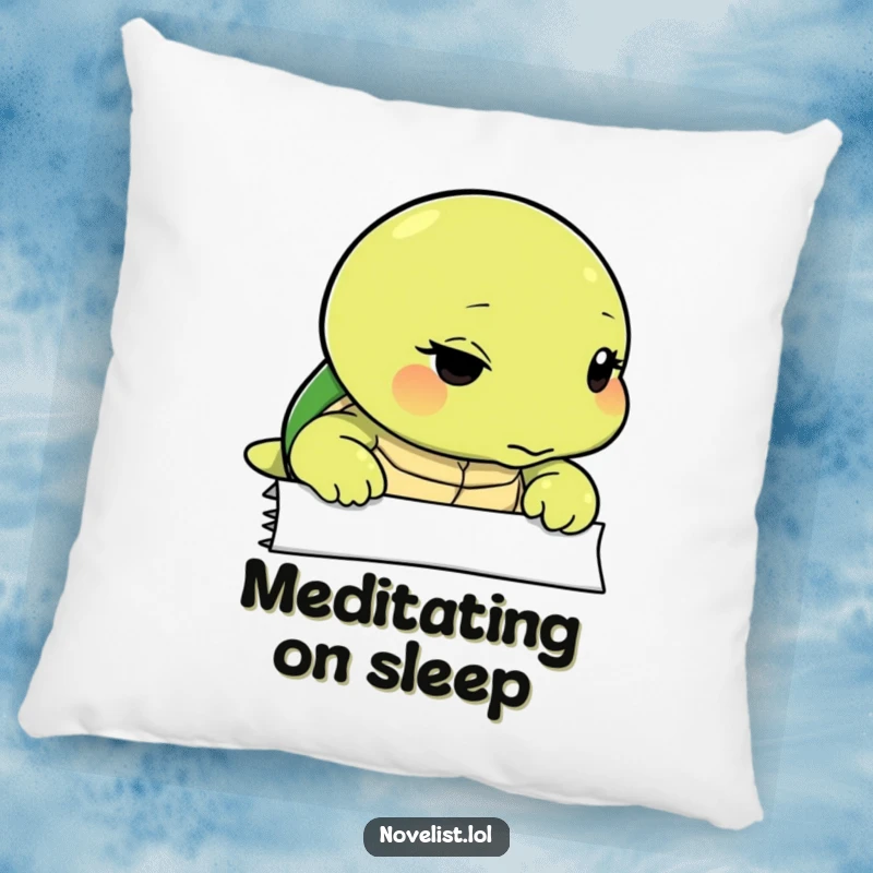 Funny pillow featuring a thoughtful turtle looking intently at a blank page, perfect for adding a calm and contemplative vibe.