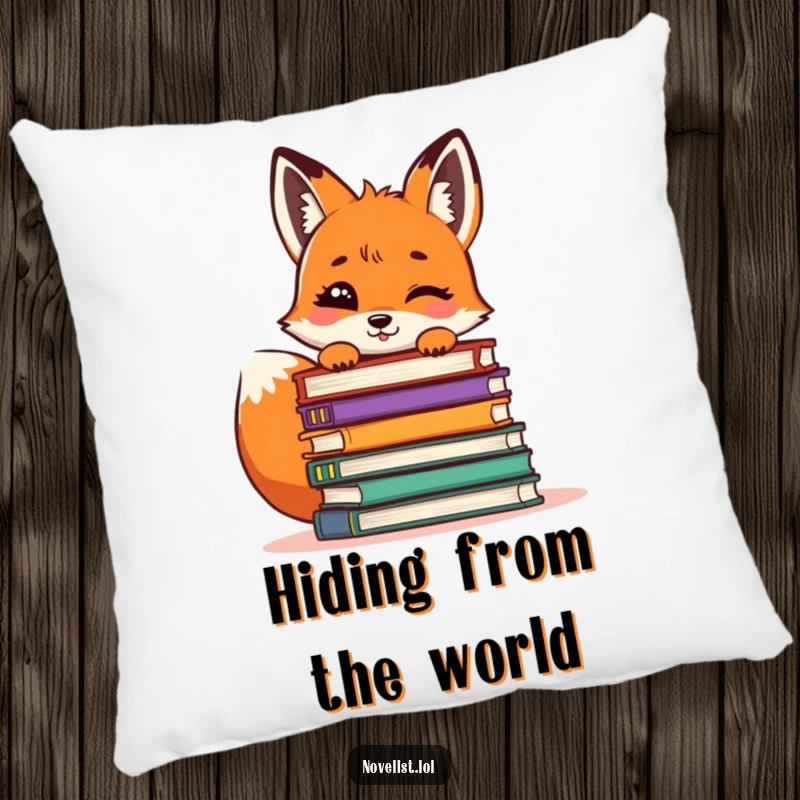 Funny Fox Pillow: A giggling fox peeking from behind a pile of books, offering soft comfort and literary fun.