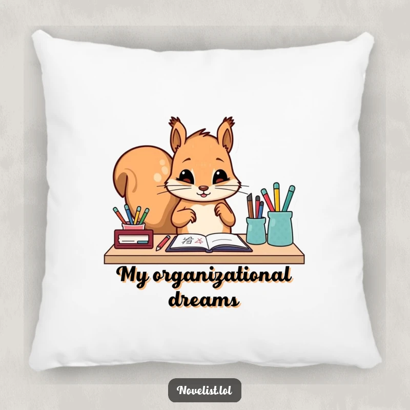 Funny pillow with a diligent squirrel character carefully arranging writing tools on a desk. Soft, humorous, and perfect for cozy, organized spaces.