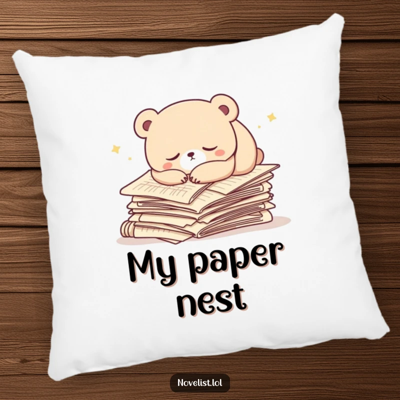 Funny pillow with a sleepy bear character napping on a pile of manuscript papers. Soft, humorous, and perfect for cozy spaces.