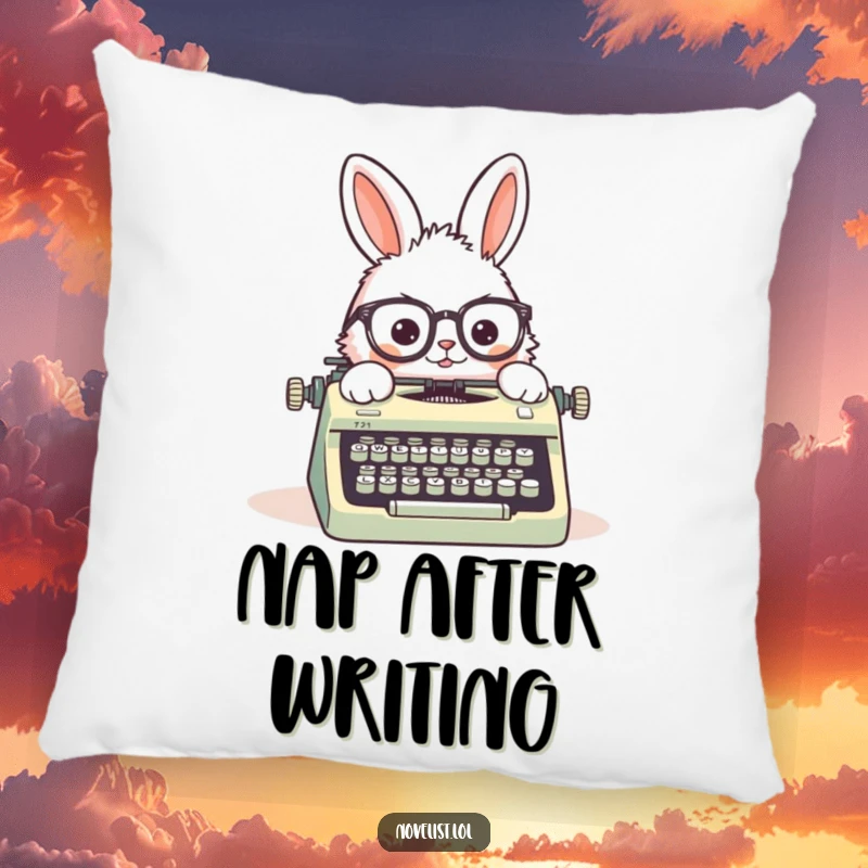 Funny pillow with a fluffy rabbit wearing askew spectacles, typing on a vintage typewriter, bringing comfort and literary charm.