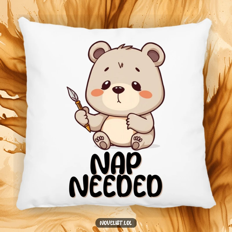Funny Pillow showcasing a thoughtful bear holding a quill pen, symbolizing concentration and creative inspiration.