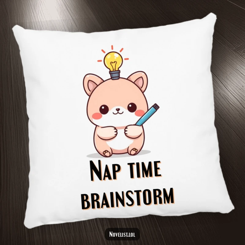 Funny pillow featuring a kawaii animal character holding a pen under a bright lightbulb, symbolizing a humorous idea and cozy comfort.
