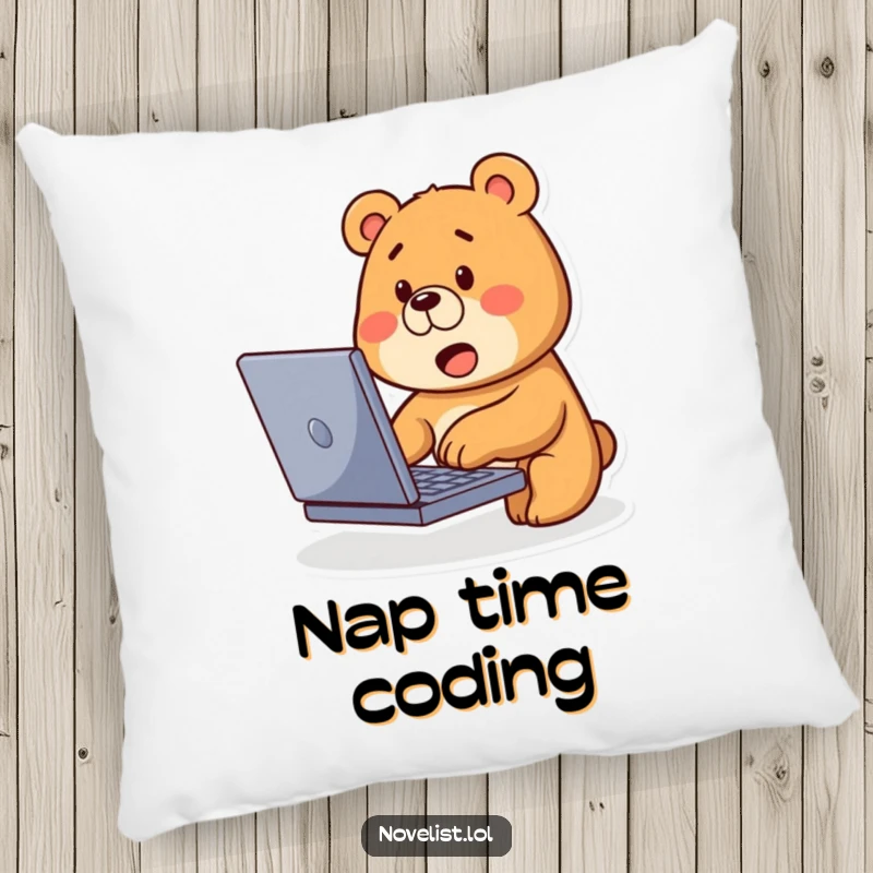 Funny Bear Typing Pillow: Cute bear types on laptop with curious expression, a soft and humorous cushion.