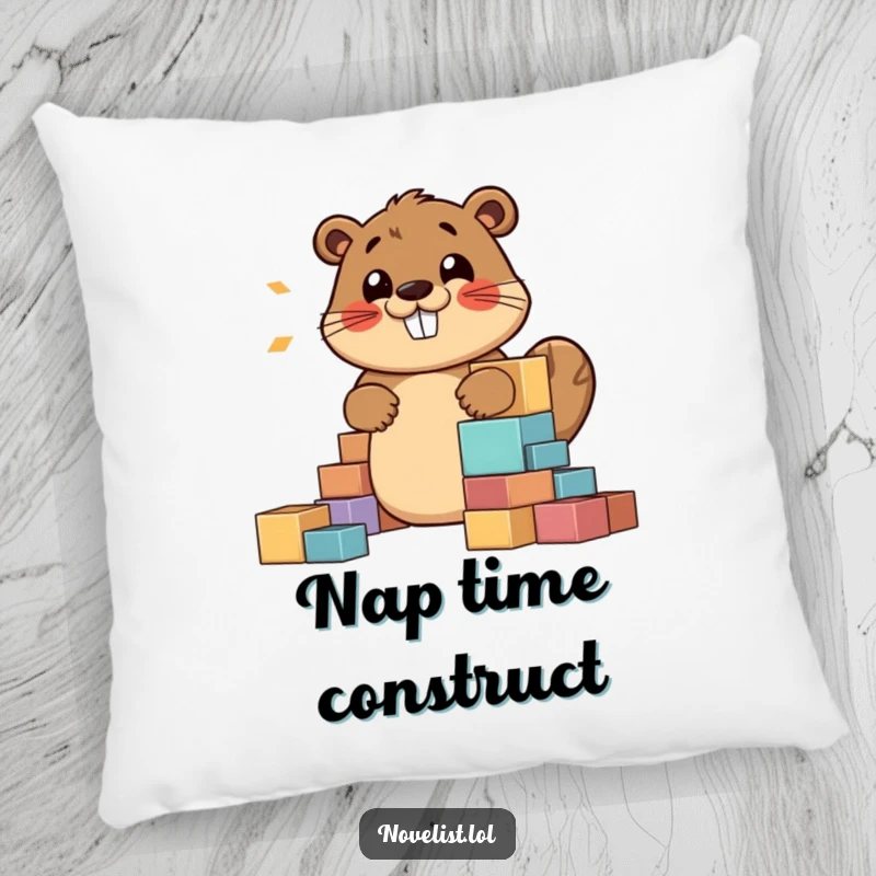 Funny pillow with a jovial beaver character constructing a story using blocks, a happy hum, providing comfort and creative inspiration.