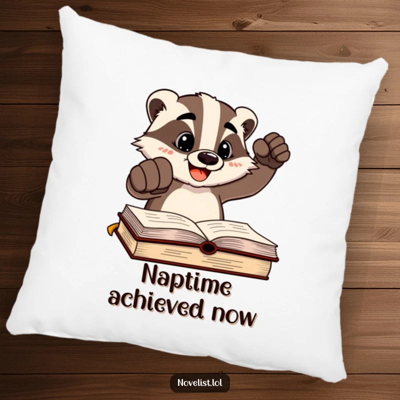 Funny cheerful badger character pounding a fist on a written page on a plush pillow, offering comfort and victorious humor.