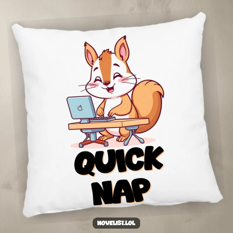 Funny Pillow showcasing a cheerful squirrel intently typing on a tiny desk, symbolizing speed and focused effort.