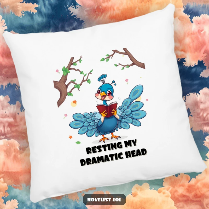 Funny pillow with a dramatic peacock character acting out a scene from a novel, providing theatrical comfort for book lovers.