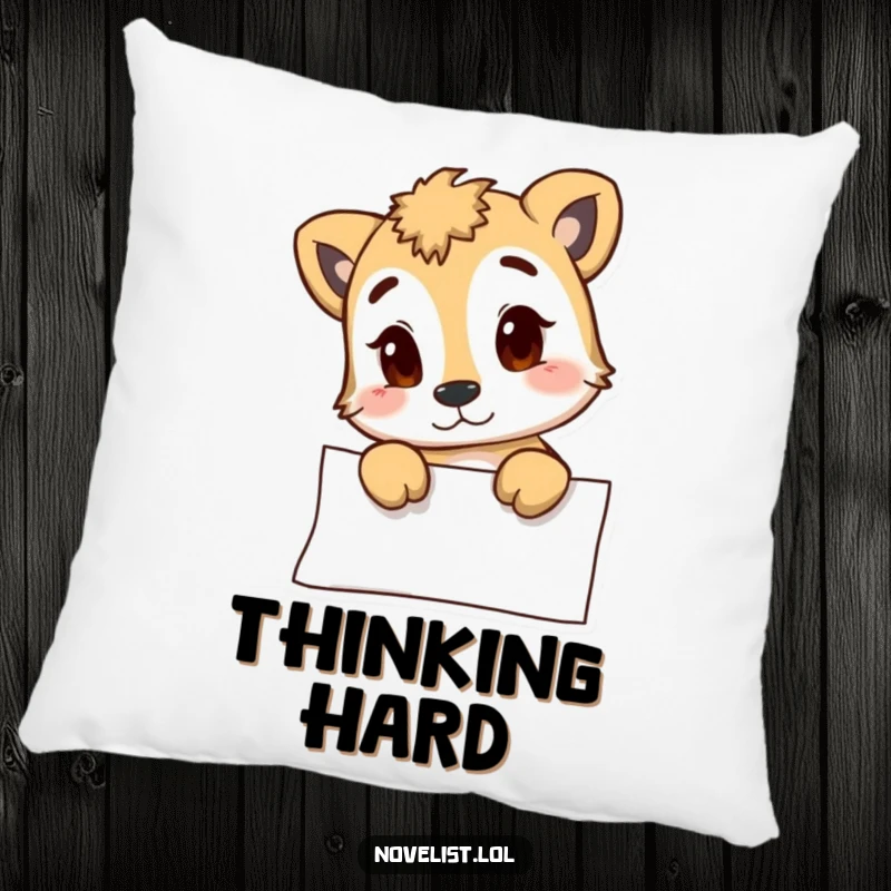 Funny pillow featuring an animal character in deep thought before a blank page, offering comfort and humor, ideal as a funny gift.
