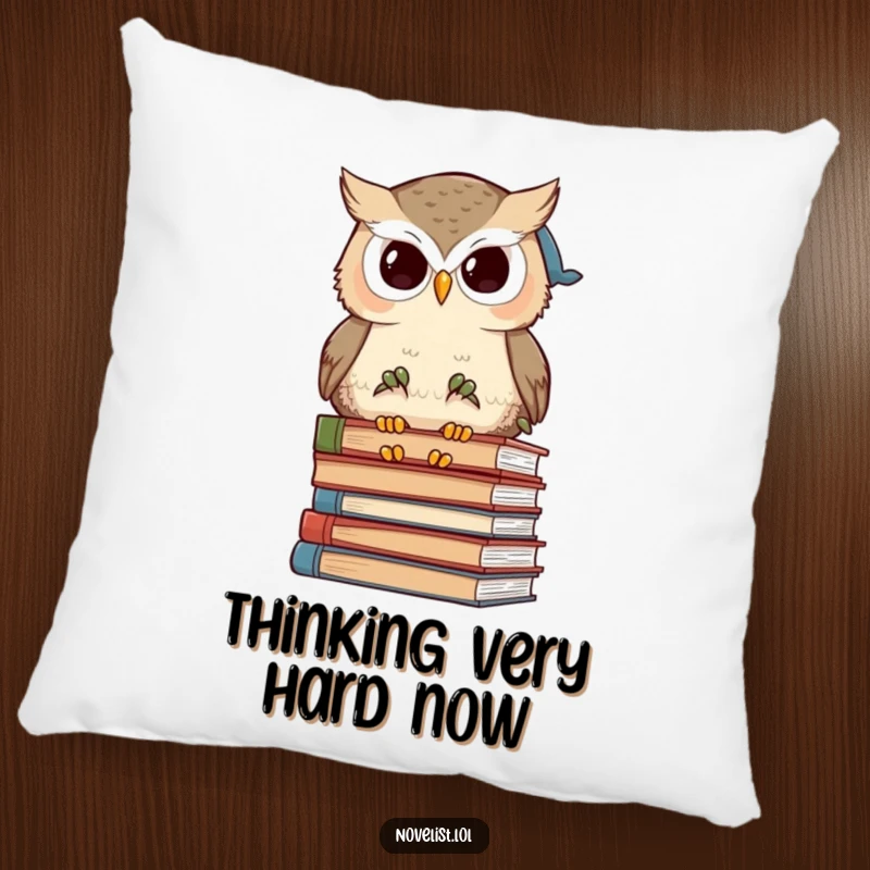 Funny wise owl character engrossed in books, depicted on a plush pillow, offering comfort and scholarly humor.