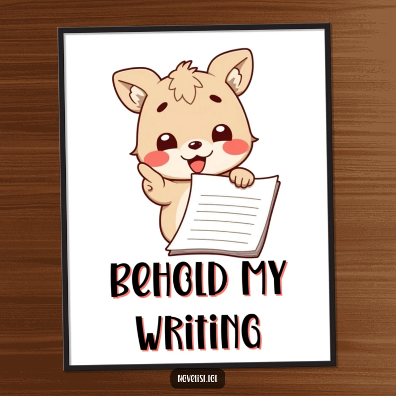 Funny digital art print of a cute animal character passionately pointing at a manuscript with a proud, knowing smile.